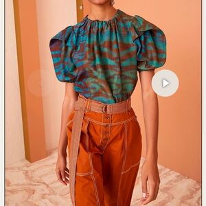 Teal and Brown Puff Sleeve Top